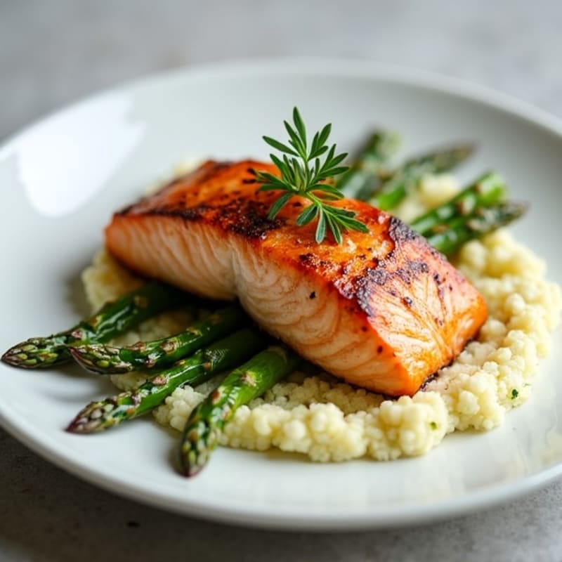 Seared Salmon with Roasted Asparagus and Cauliflower Mash