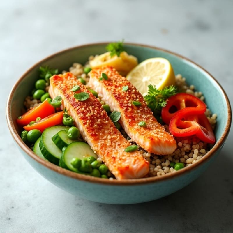 Crispy Salmon and Fresh Vegetable Rice Bowl