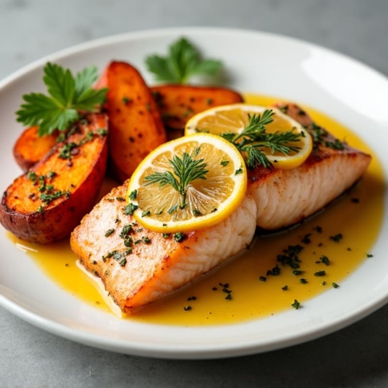 Lemon Herb Roasted Salmon with Roasted Sweet Potatoes