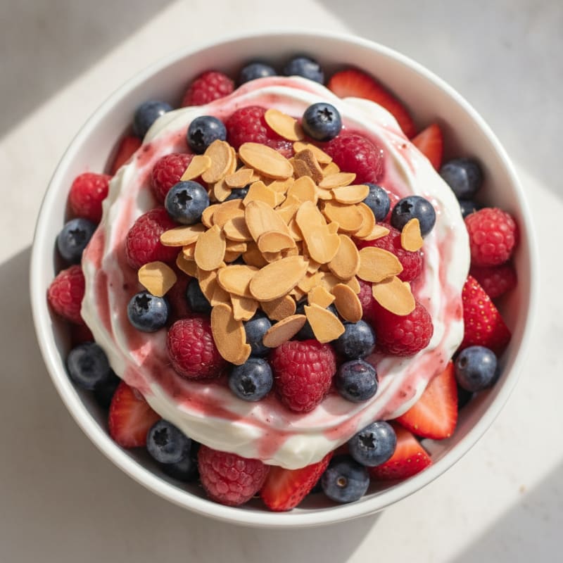 Greek Yogurt Protein Parfait with Mixed Berries and Almonds