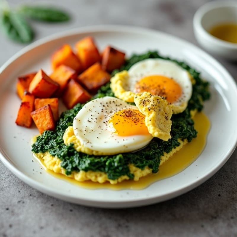 Soft Scrambled Eggs with Sautéed Spinach and Roasted Sweet Potato