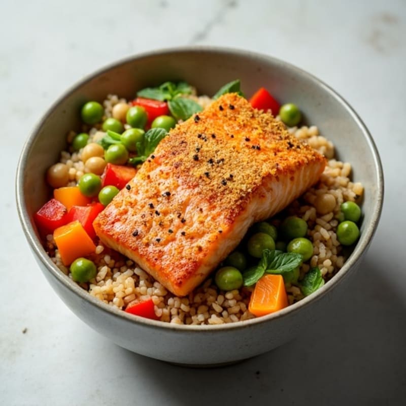 Crispy Salmon and Fresh Vegetable Rice Bowl