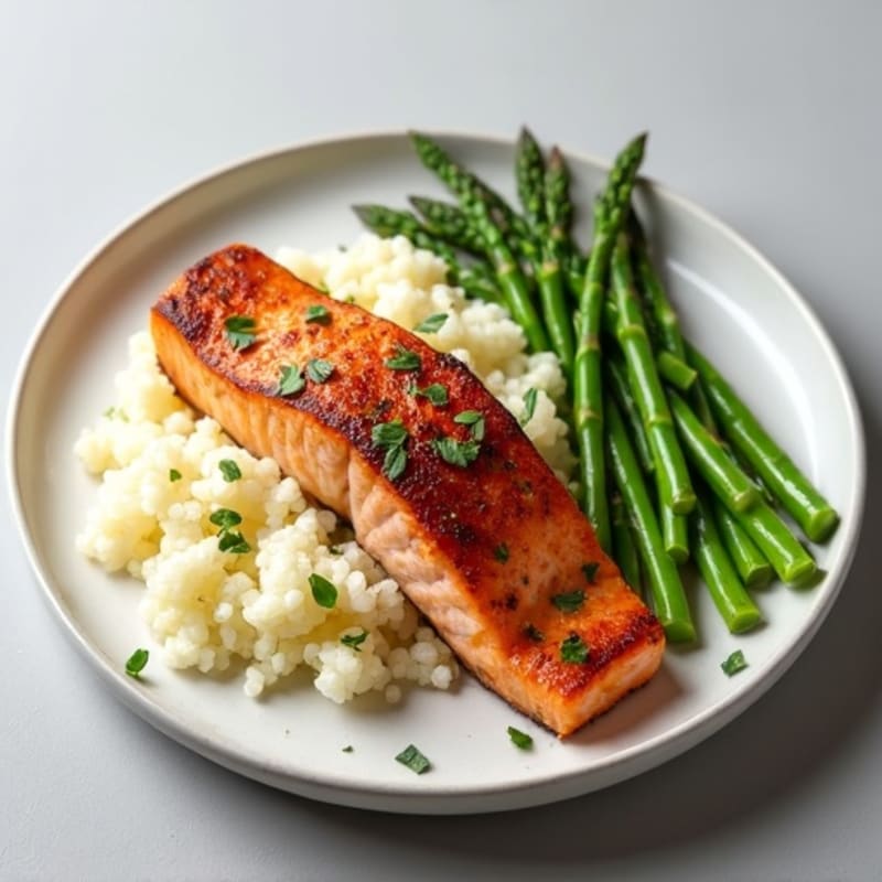 Seared Salmon with Steamed Asparagus and Cauliflower Rice