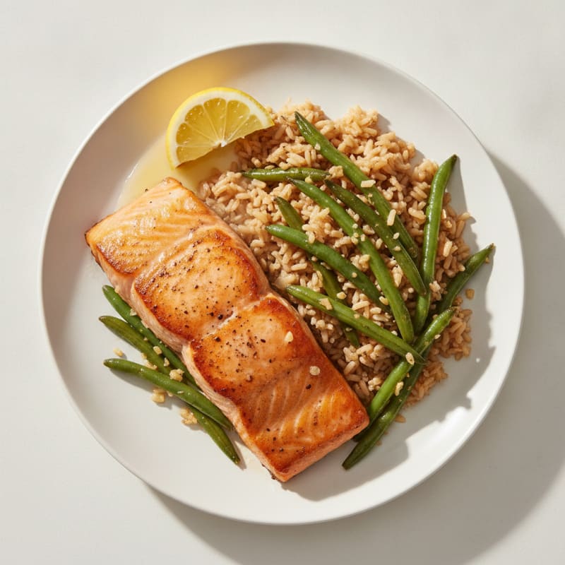 Seared Salmon with Garlic Green Beans and Brown Rice
