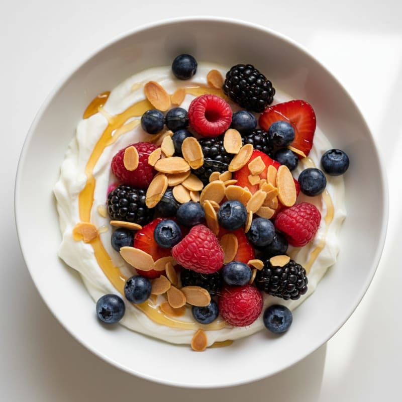 Creamy Greek Yogurt Bowl with Sliced Almonds and Mixed Berries