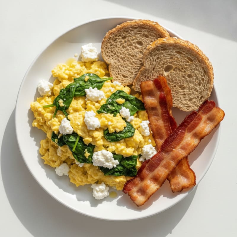 Cottage Cheese Egg Scramble with Spinach and Turkey Bacon
