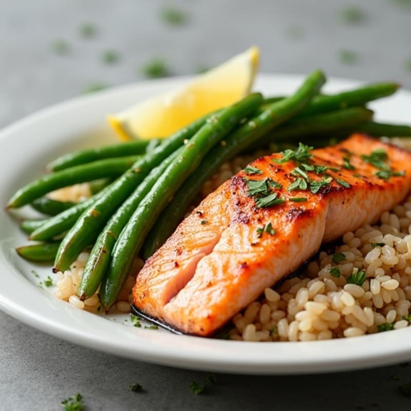 Seared Salmon with Garlic Green Beans and Brown Rice