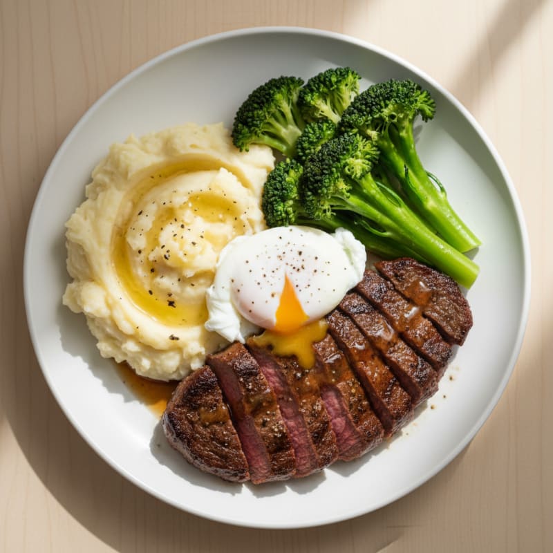 Seared Steak with Garlic Mashed Potatoes and Steamed Broccoli