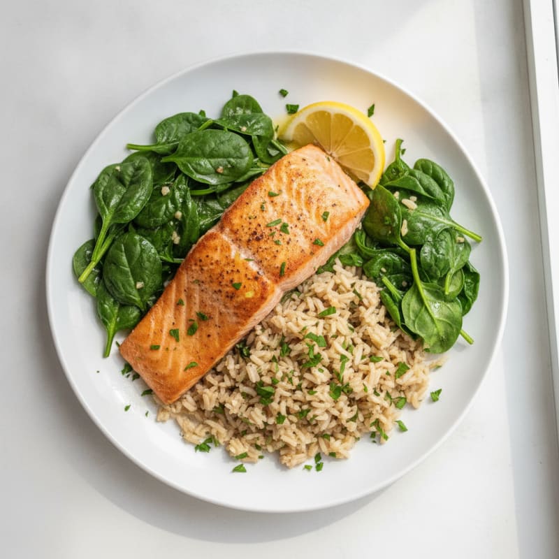 Seared Salmon Fillet with Sautéed Spinach and Herbed Brown Rice