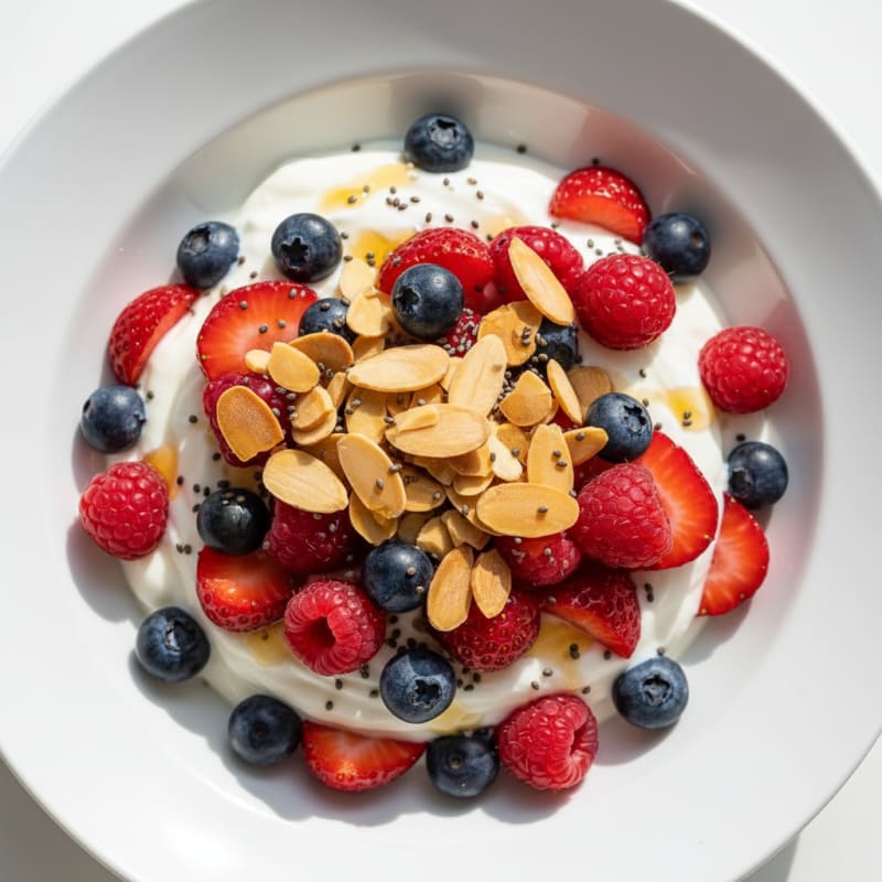 Greek Yogurt Protein Parfait with Mixed Berries and Almonds