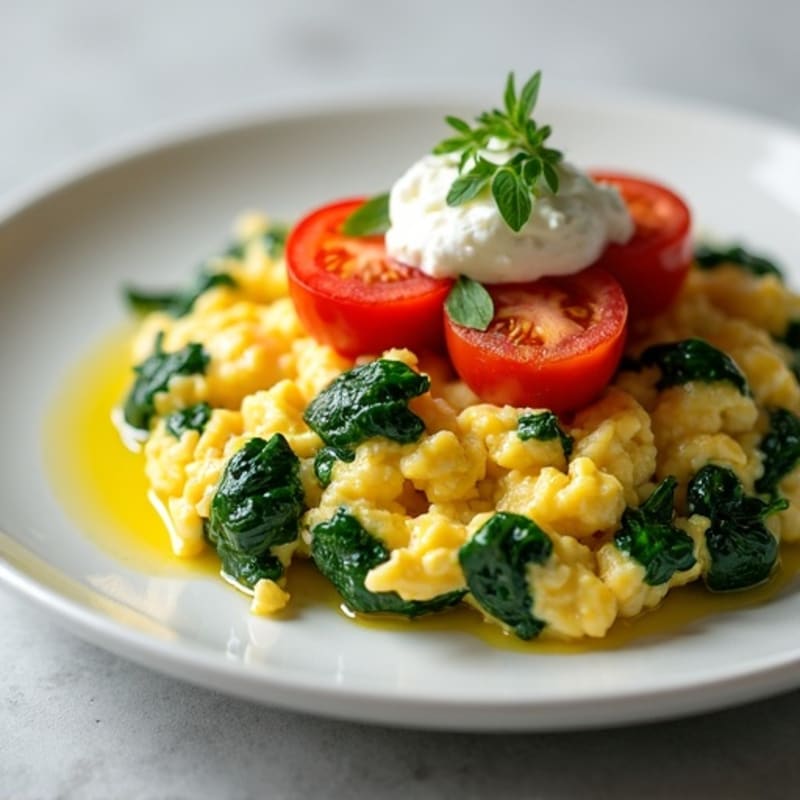 Egg White Spinach Scramble with Cottage Cheese and Cherry Tomatoes