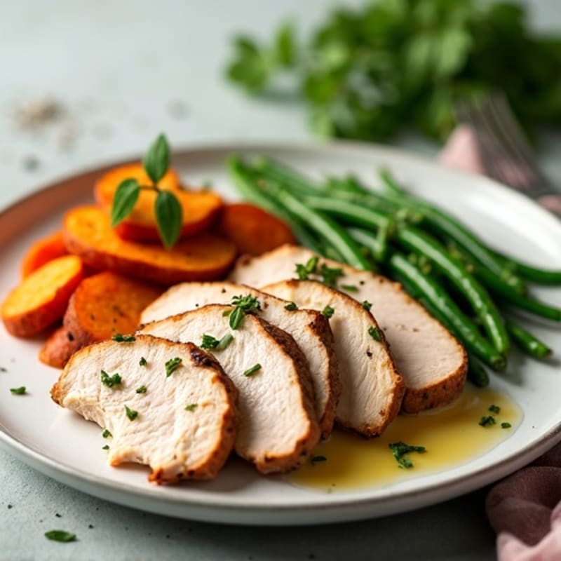 Seared Turkey Breast with Roasted Sweet Potatoes and Green Beans