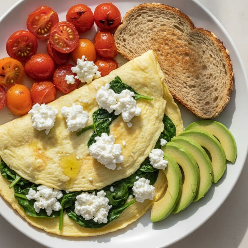 Egg White Spinach Omelette with Cottage Cheese and Cherry Tomatoes