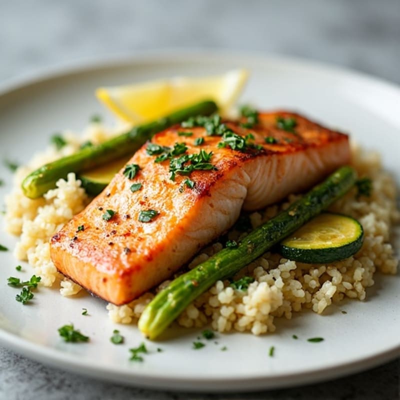 Seared Salmon with Herbed Cauliflower Rice and Sautéed Zucchini