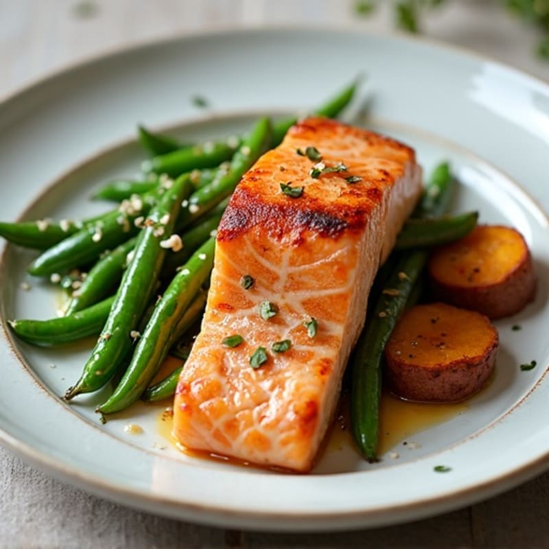 Seared Salmon with Garlic Green Beans and Roasted Sweet Potato
