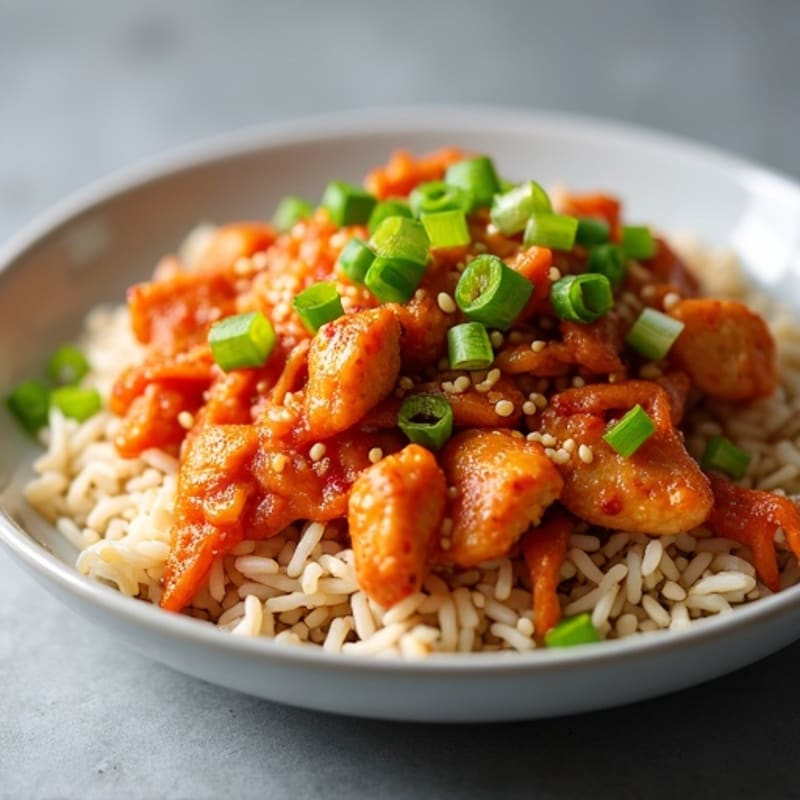 Crispy Kimchi Brown Rice with Sautéed Chicken