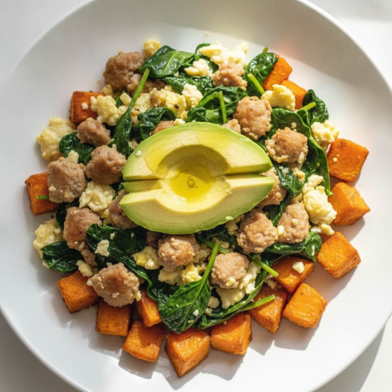 Egg White and Turkey Sausage Scramble with Spinach and Roasted Sweet Potato