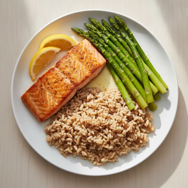 Seared Salmon with Steamed Asparagus and Brown Rice