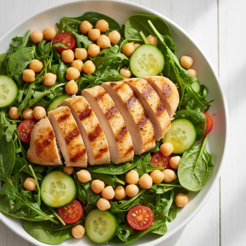 Grilled Chicken Breast Salad with Mixed Greens and Chickpeas