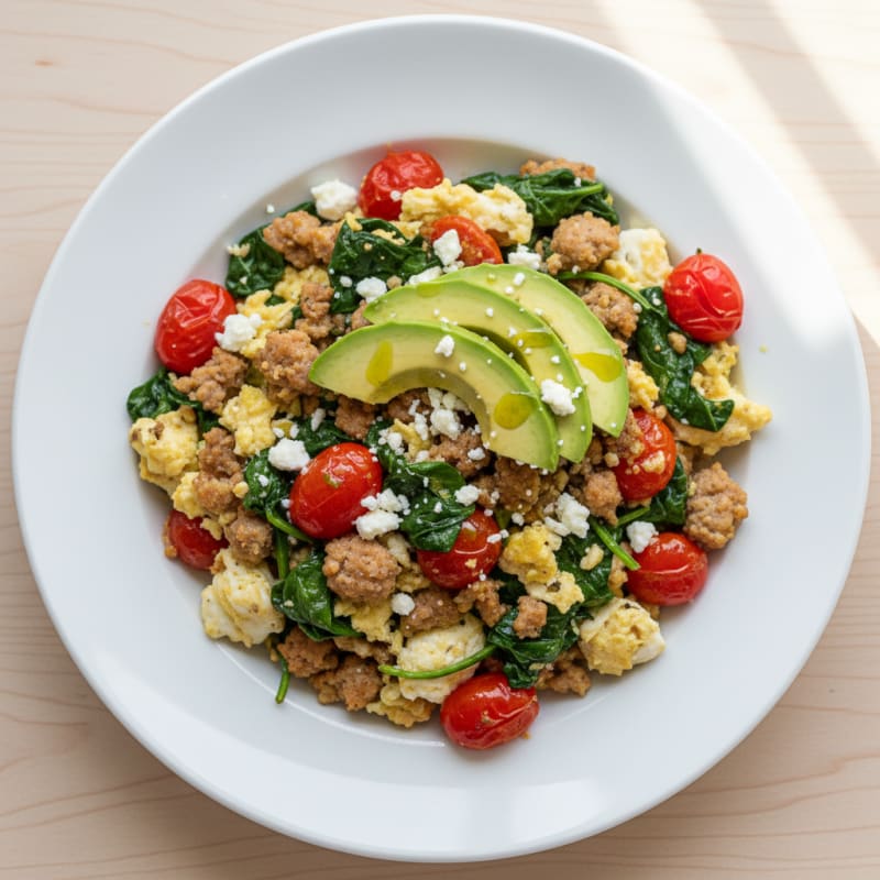 Egg White and Turkey Sausage Scramble with Spinach and Tomatoes