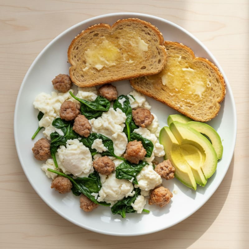 Scrambled Egg Whites with Turkey Sausage and Sautéed Spinach
