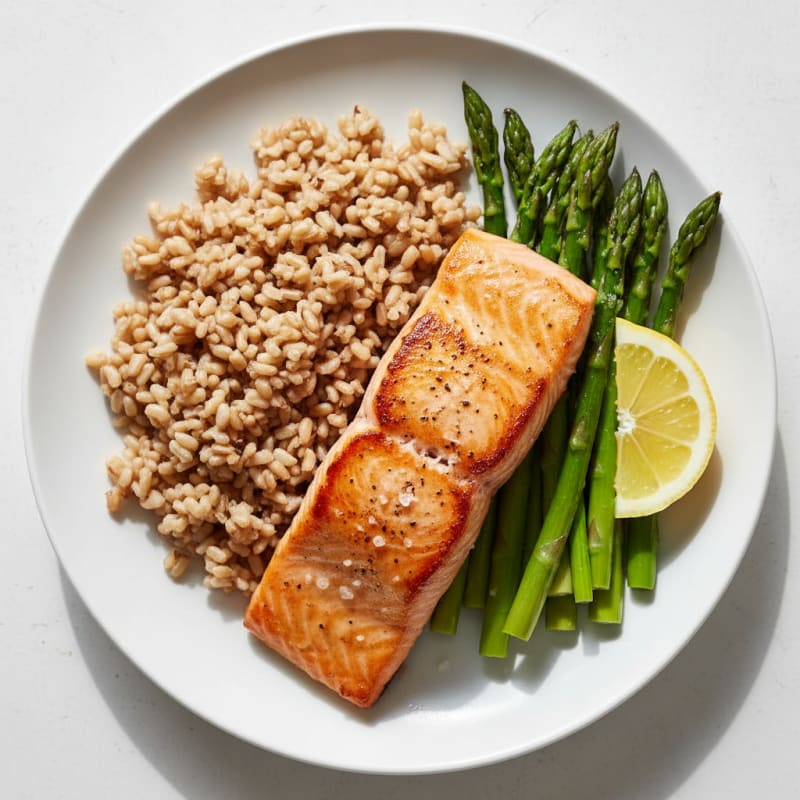 Seared Salmon with Steamed Asparagus and Brown Rice