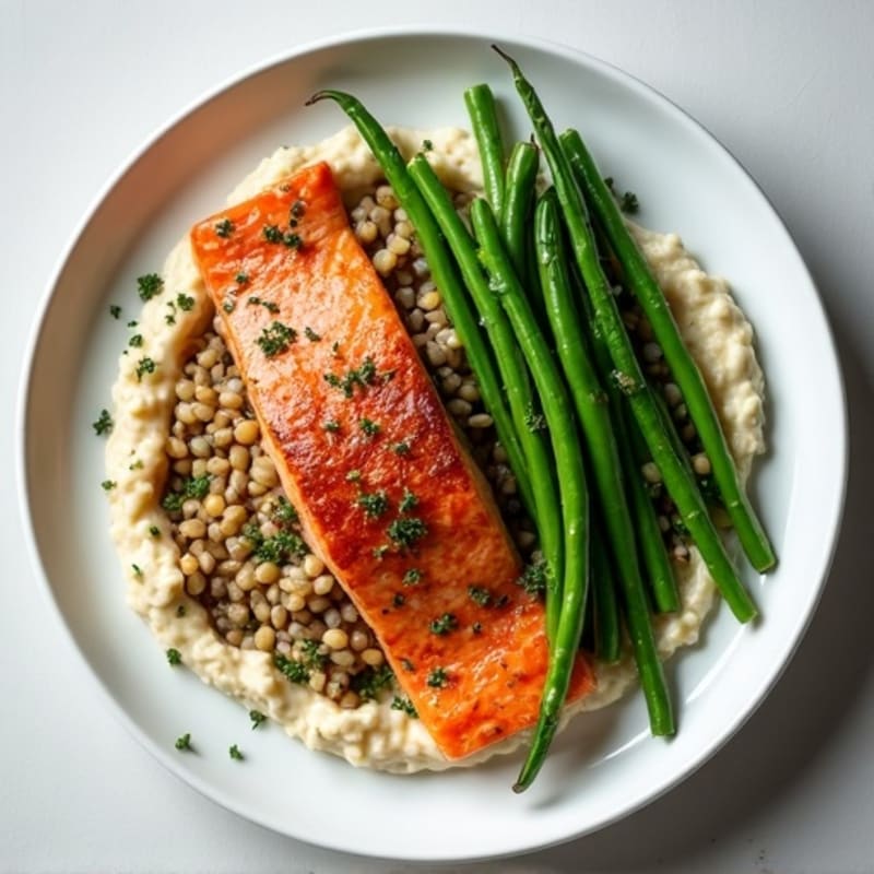 Seared Salmon with Steamed Green Beans and Lentil Mash