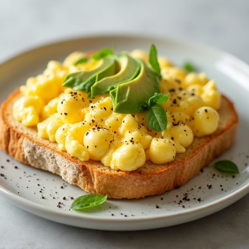 Fluffy Scrambled Eggs with Toasted Sourdough and Fresh Avocado