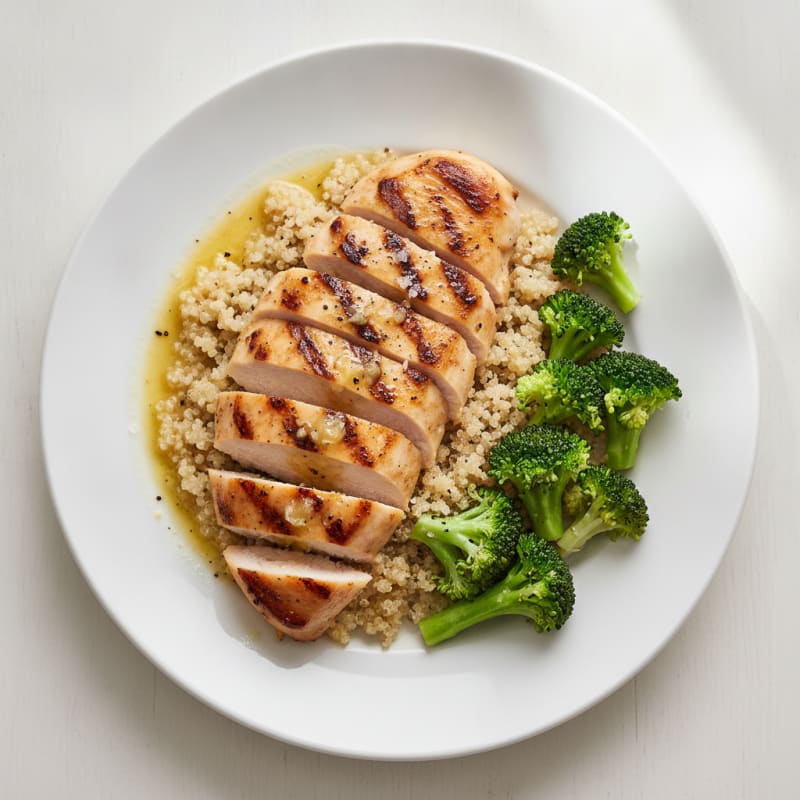 Grilled Lemon Garlic Chicken Breast with Quinoa and Crunchy Broccoli