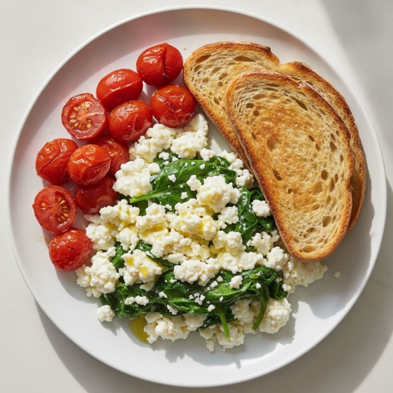 Cottage Cheese Egg White Scramble with Spinach and Cherry Tomatoes