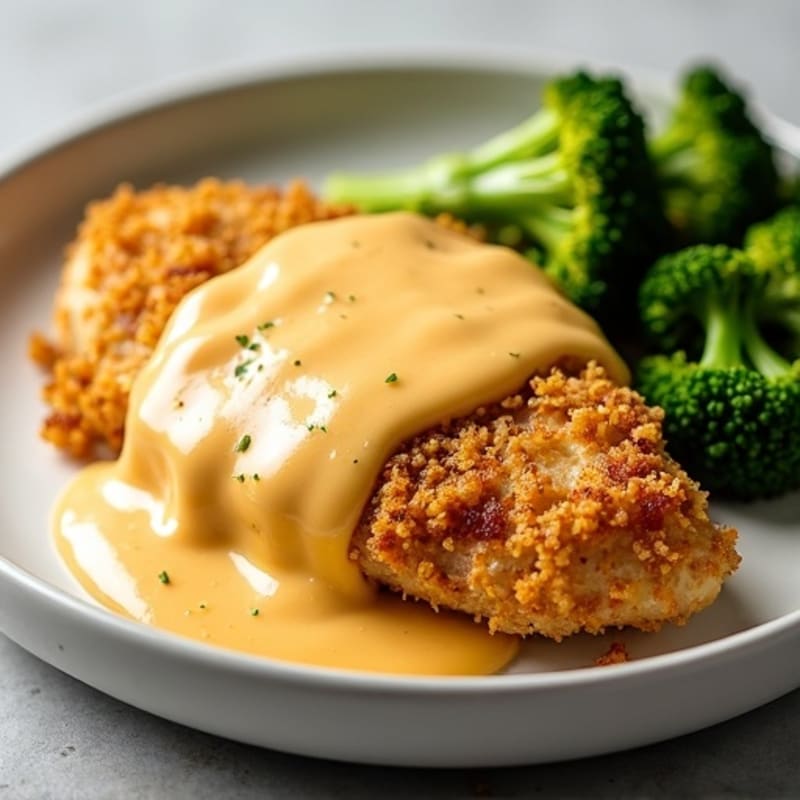 Crispy Baked Chicken with Creamy Cheesy Sauce and Roasted Broccoli