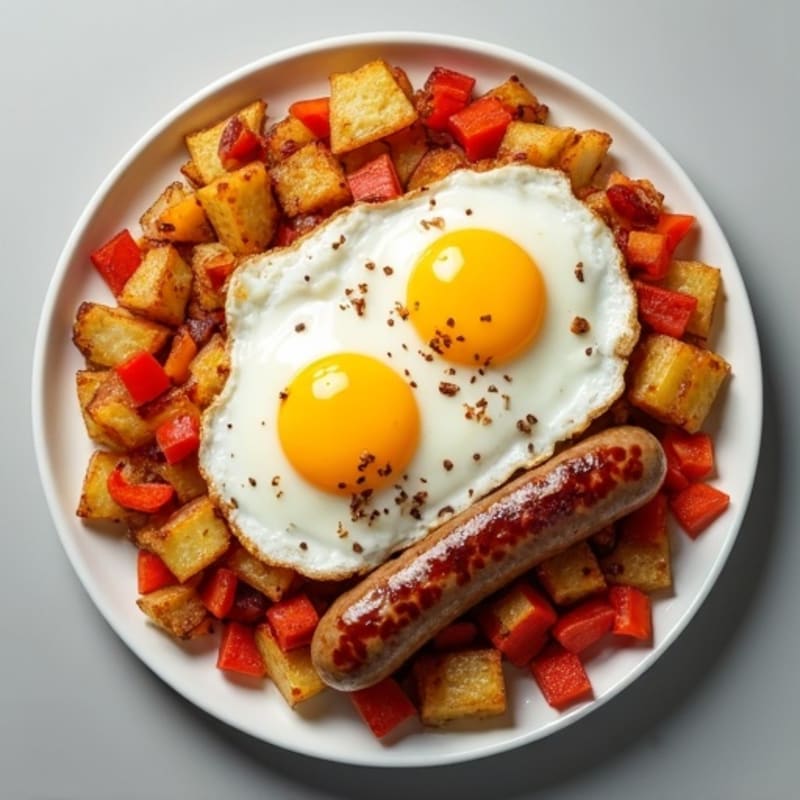 Crispy Potato Hash with Sausage and Sunny Eggs