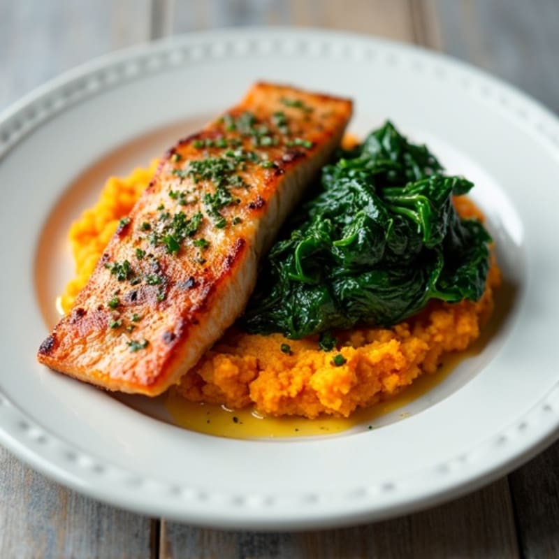 Seared Salmon with Sautéed Spinach and Sweet Potato Mash