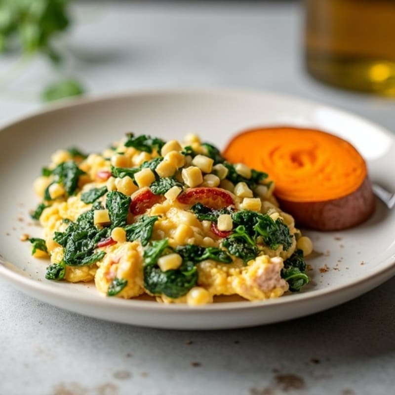 Egg White and Turkey Spinach Scramble with Roasted Sweet Potato