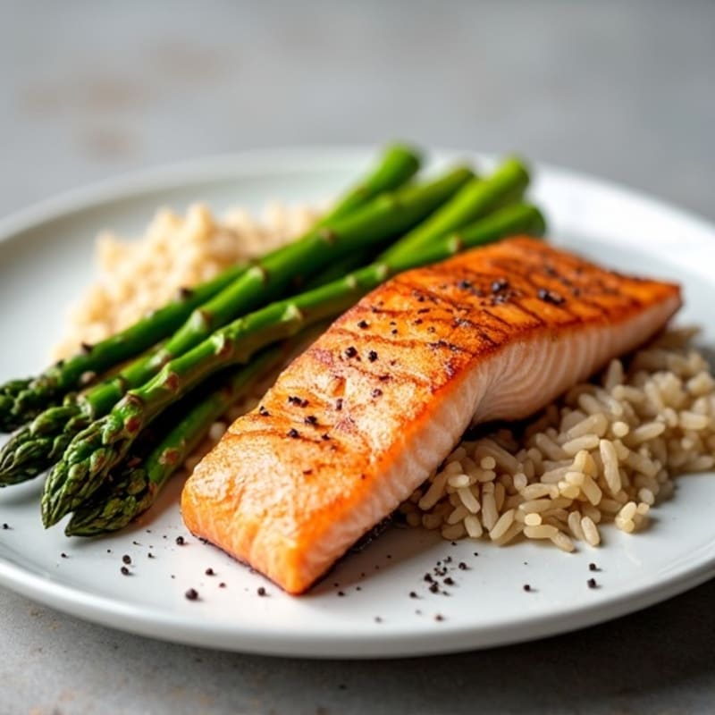 Seared Salmon with Steamed Asparagus and Brown Rice