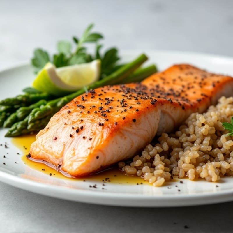 Seared Salmon with Steamed Asparagus and Brown Rice