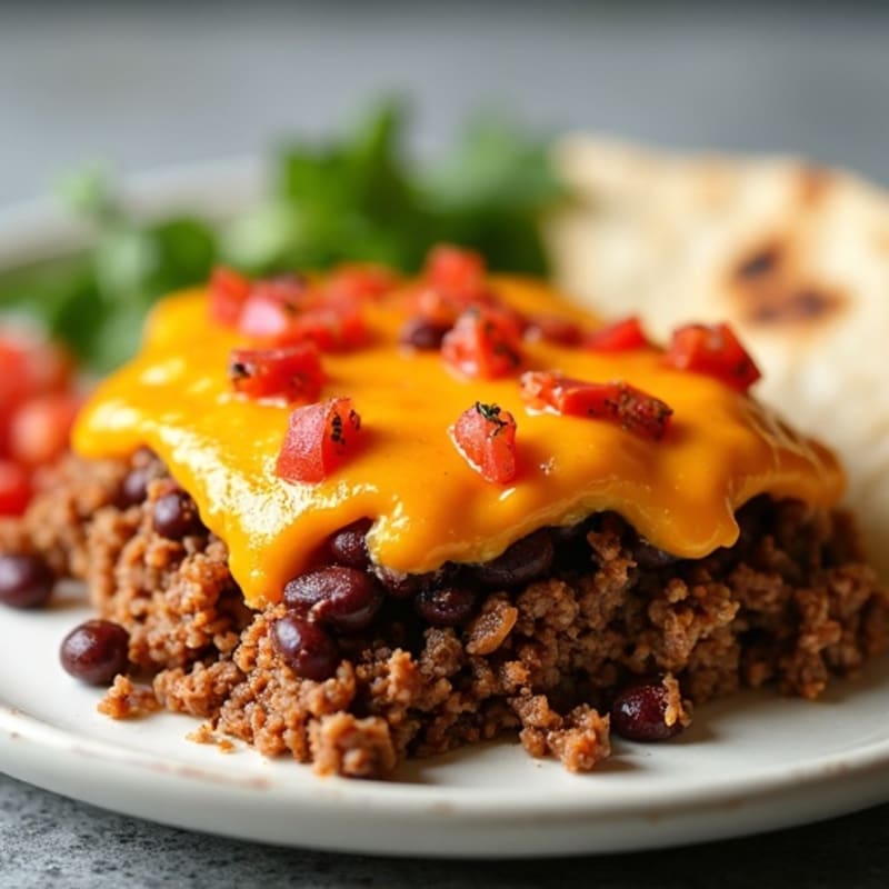 Cheesy Lean Ground Beef and Black Bean Tortilla Bake