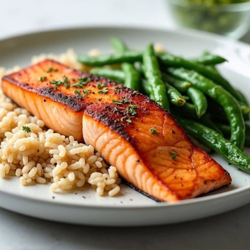 Seared Salmon Fillet with Steamed Green Beans and Brown Rice