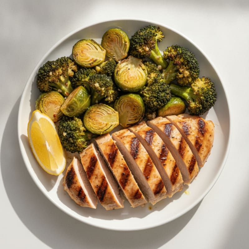 Grilled Chicken with Roasted Broccoli, Brussel Sprouts and Garlic