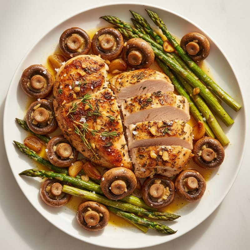 Golden Garlic Butter Roasted Mushrooms with Herb-Crusted Chicken