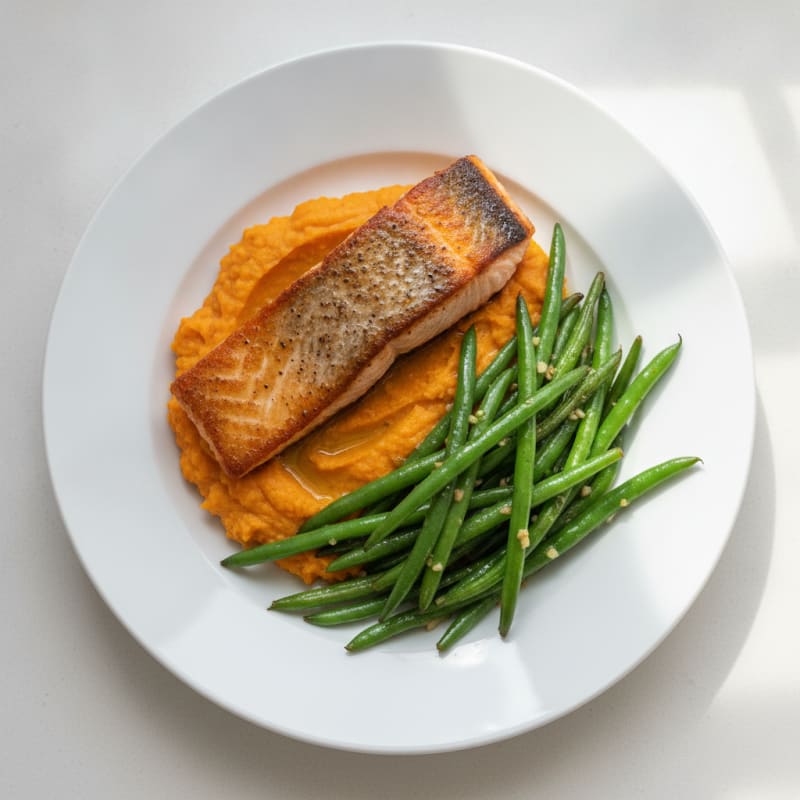 Seared Salmon with Garlic Green Beans and Sweet Potato Mash