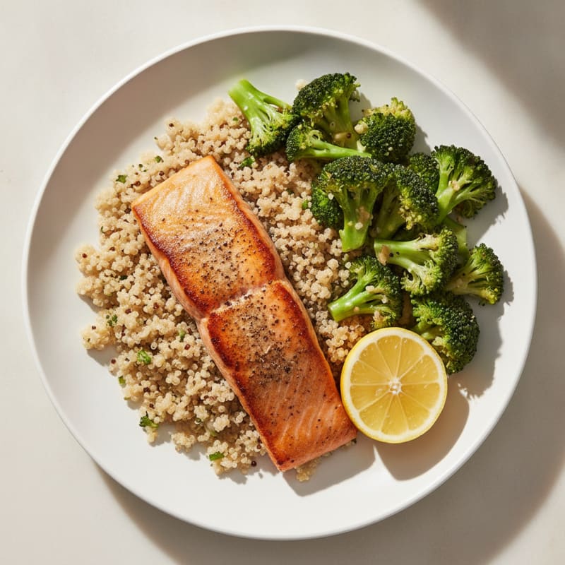 Seared Salmon with Garlic Broccoli and Quinoa Pilaf