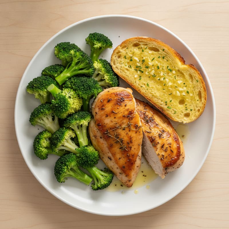 Herb-Roasted Chicken Breast with Garlic Bread and Steamed Broccoli