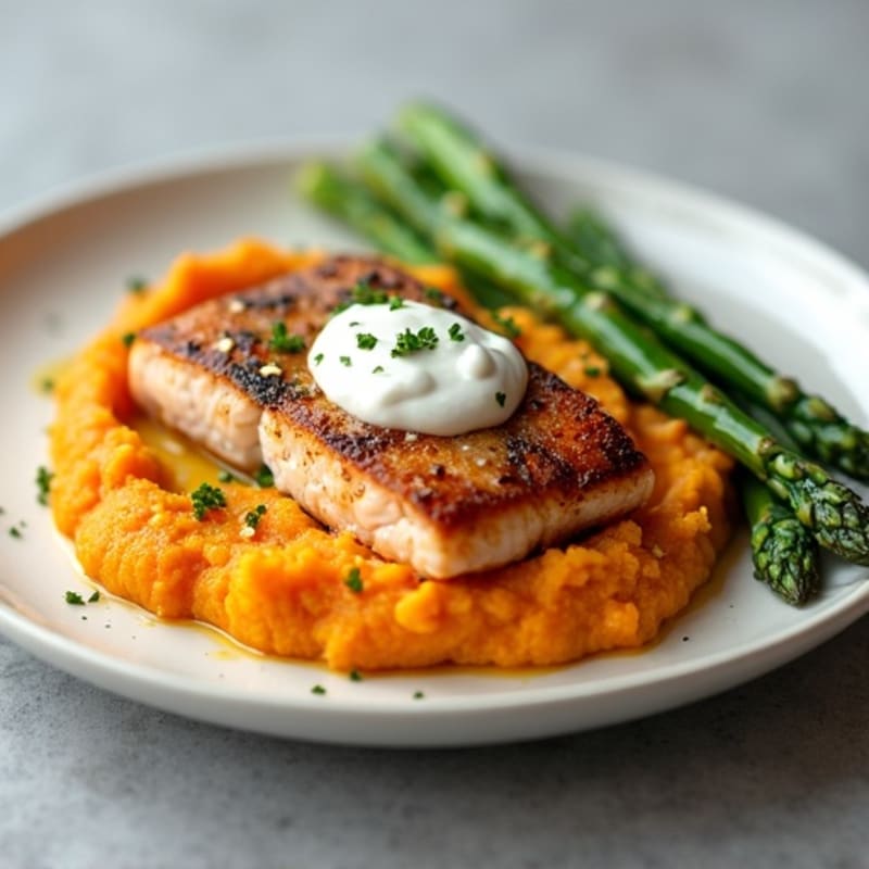 Seared Salmon with Steamed Asparagus and Sweet Potato Mash