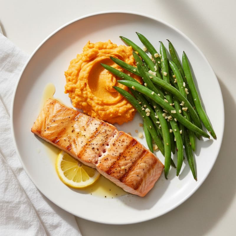 Seared Salmon Fillet with Garlic Green Beans and Sweet Potato Mash