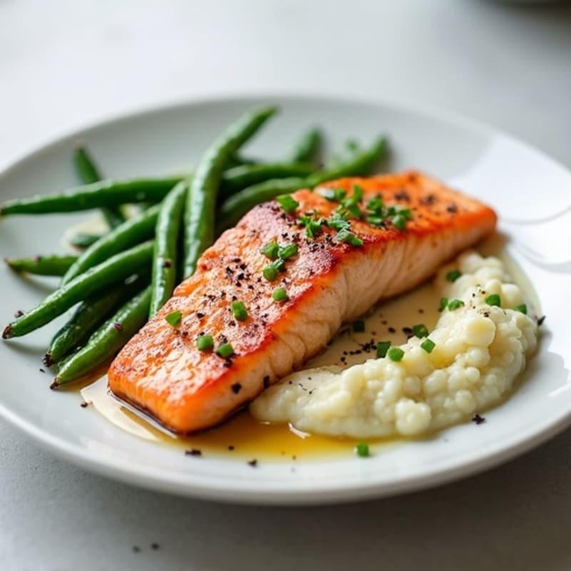 Seared Salmon Fillet with Steamed Green Beans and Garlic Mashed Cauliflower