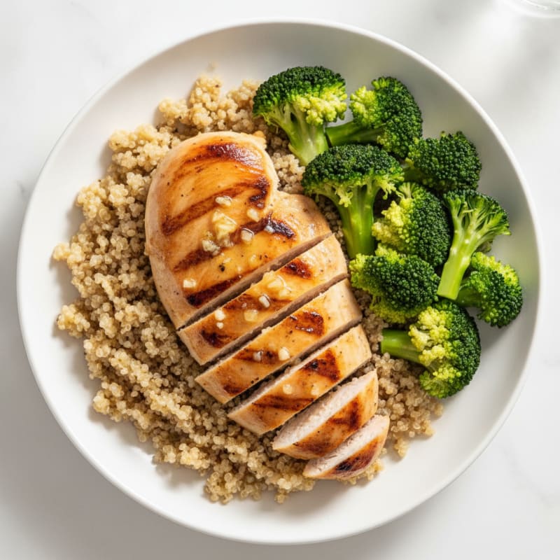 Grilled Lemon Garlic Chicken Breast with Quinoa and Steamed Broccoli