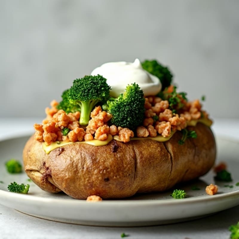 Loaded Baked Potato with Lean Ground Turkey and Crispy Roasted Broccoli