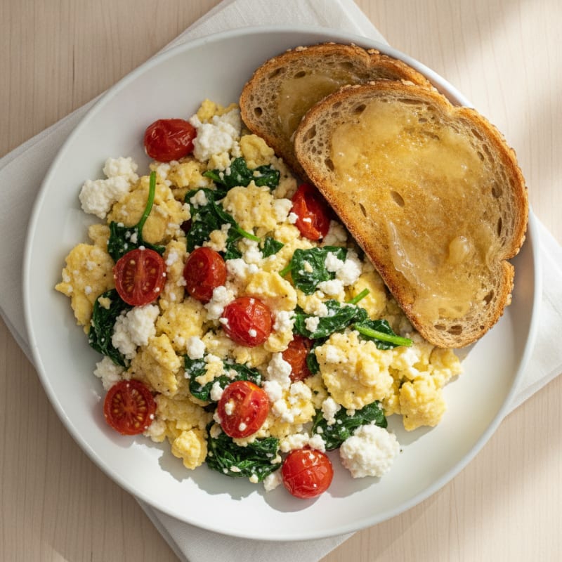 Cottage Cheese Egg Scramble with Spinach and Cherry Tomatoes