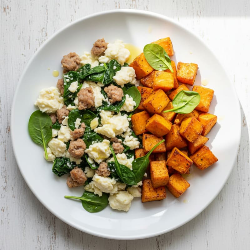 Egg White and Turkey Sausage Scramble with Spinach and Roasted Sweet Potatoes